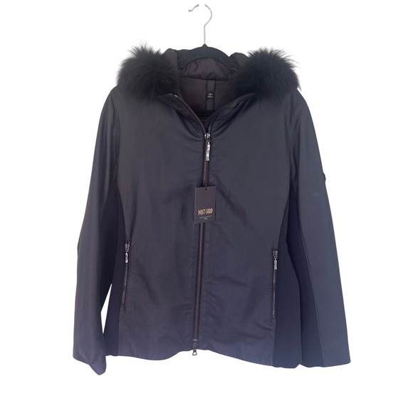 Post Card Leather Jacket Fur Hooded Full Zip Pockets Black Coat‎ Size 8 New - Picture 1 of 15